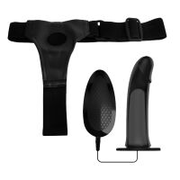 Černý popruhový pás strap-on s vibrátorem 16 cm + ovladač - 70043295 - 6