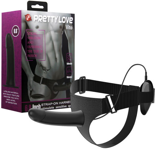 Černý popruhový pás strap-on s vibrátorem 16 cm + ovladač - 70043295