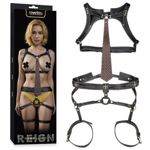 Rebellion smyslný kožený postroj s kravatou a kroužkem BDSM - 79373440