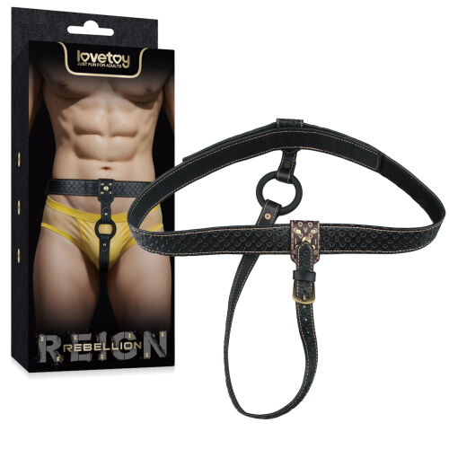 Regulovaný kožený pás strap-on se zlatými detaily a kroužkem - 79703586