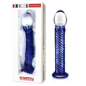 Modré skleněné dildo hladké s žebrováním 19 cm - 70392087