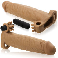 PENIS DELŠÍ O 5 CM - UNIKÁTNÍ NÁVLEK NA PENIS S VIBRACEMI A MASÁŽNÍMI VÝSTUPKY  HNĚDÁ BARVA- 70649966 - 9