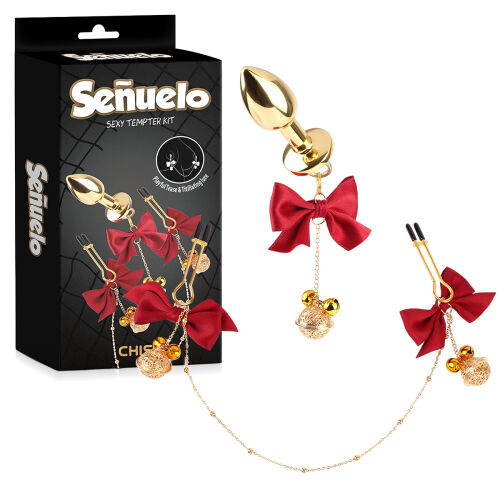 Anální kolík a svorky na bradavky s červenými stužkami - 79050503