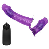 Fialový oboustranný strap-on s vibracemi dva penisy 10 cm + 18 cm - 77970723 - 2