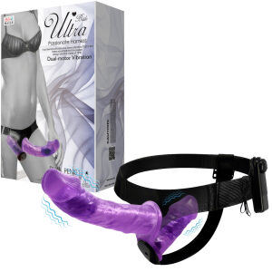 Fialový oboustranný strap-on s vibracemi dva penisy 10 cm + 18 cm - 77970723