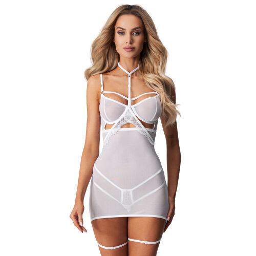 Obsessive Arrowel bílá košilka + choker a pásky na stehna - 76402025